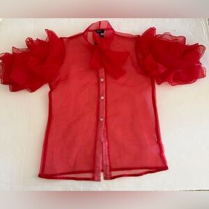 Elegant Red Sheer Ruffle Sleeve Button-up Front Blouse